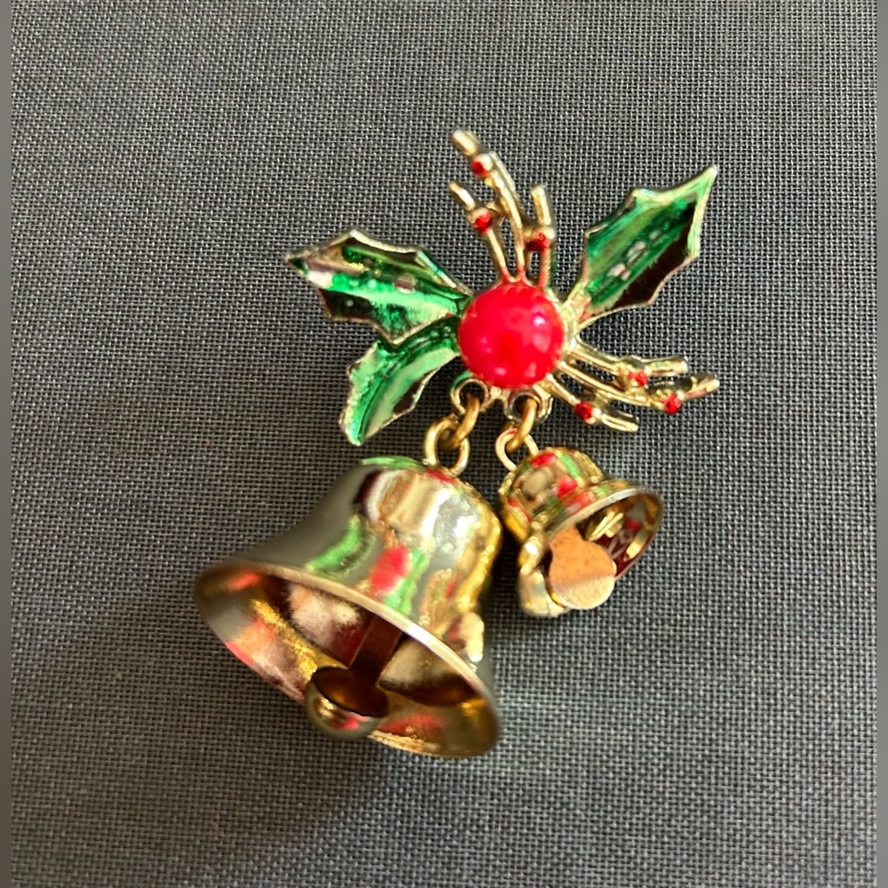 Vintage Holiday/ Christmas Double Jingle Bells Holly Brooch.